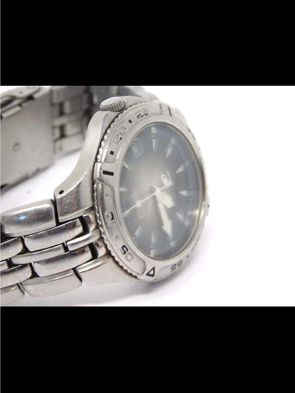 Fossil Blue Mens Watch AM-3624 Vintage Luminous Stainless Steel Black Dial 100m